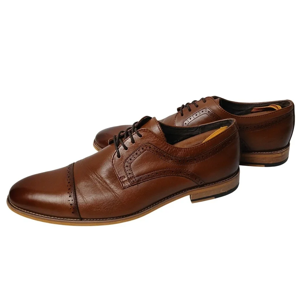 Stacy Adams Mens Cap Toe Oxford Dress‎ Shoes Cognac Brown Leather Brogue Lace Up